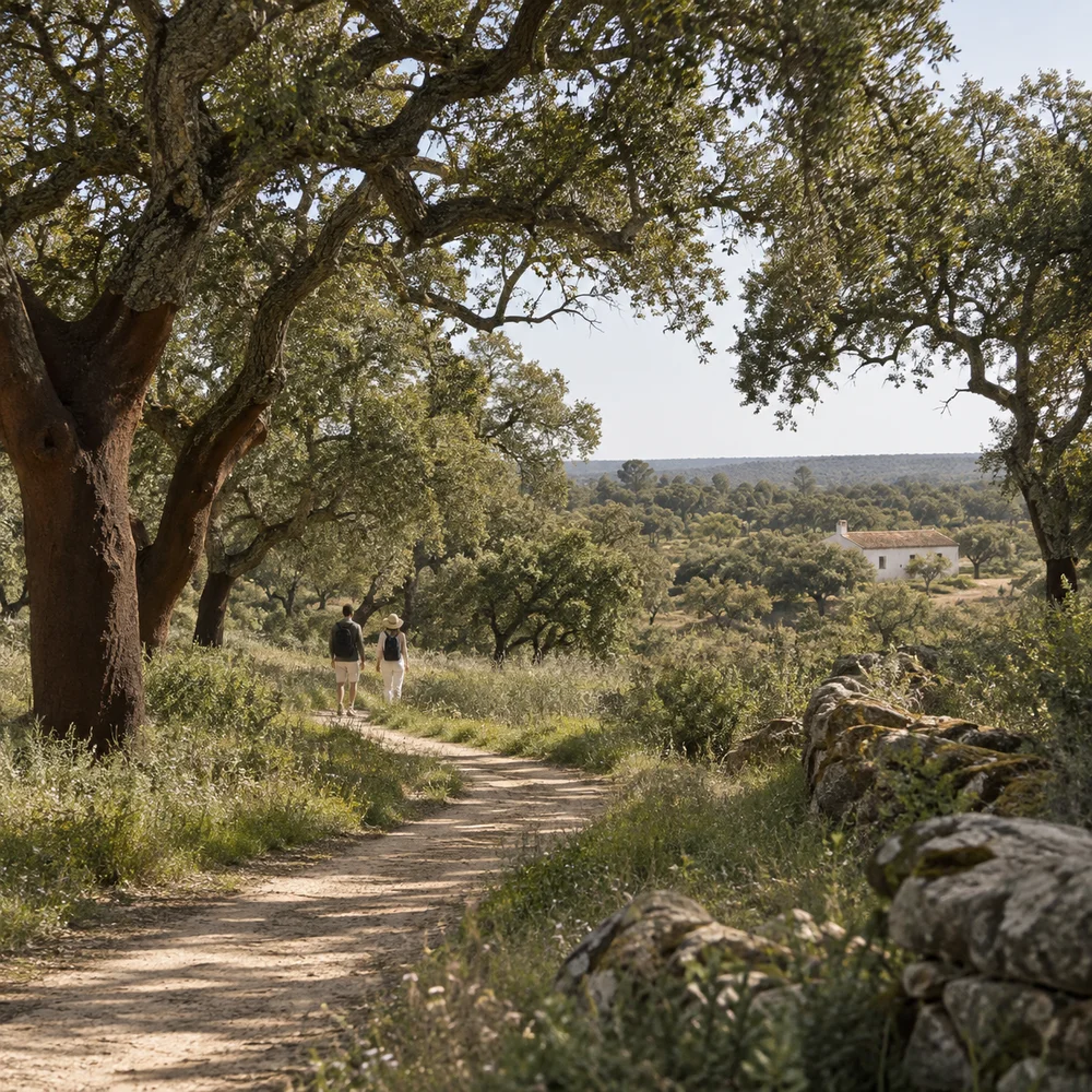 AI-generated illustration: A walking and cycling trail through cork oak woodland