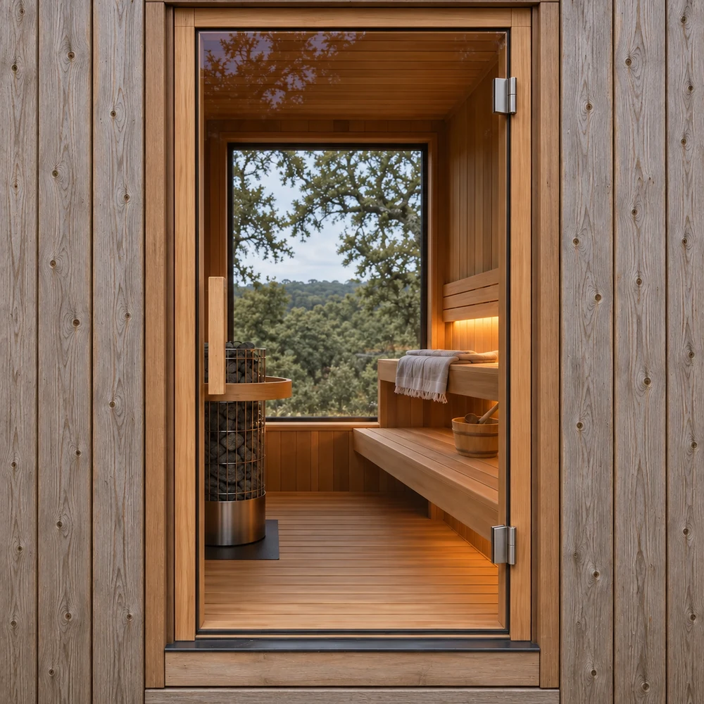 AI-generated close view of the closed glass sauna door and timber frame
